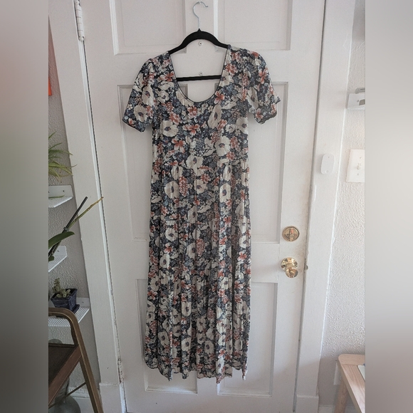 Natural Life Scoop Neck With Floral Blue Maxi Dress With Trim Detail - Picture 3 of 3